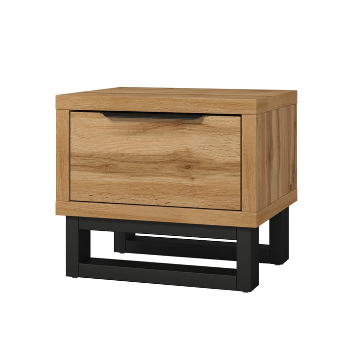 Comodino in stile industriale con un ampio cassetto, collezione MILOS. Colore rovere grezzo.