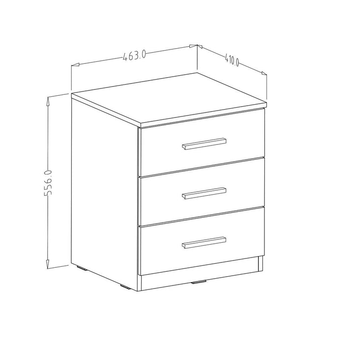 Comodino con tre cassetti, collezione FLOYD. Colore bianco effetto legno.