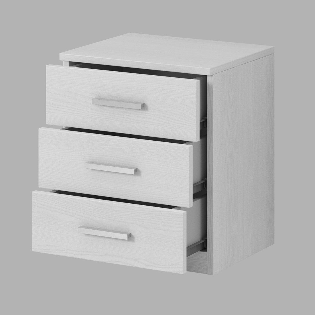 Comodino con tre cassetti, collezione FLOYD. Colore bianco effetto legno.