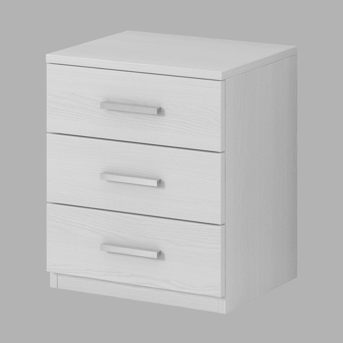 Comodino con tre cassetti, collezione FLOYD. Colore bianco effetto legno.