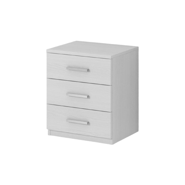 Comodino con tre cassetti, collezione FLOYD. Colore bianco effetto legno.