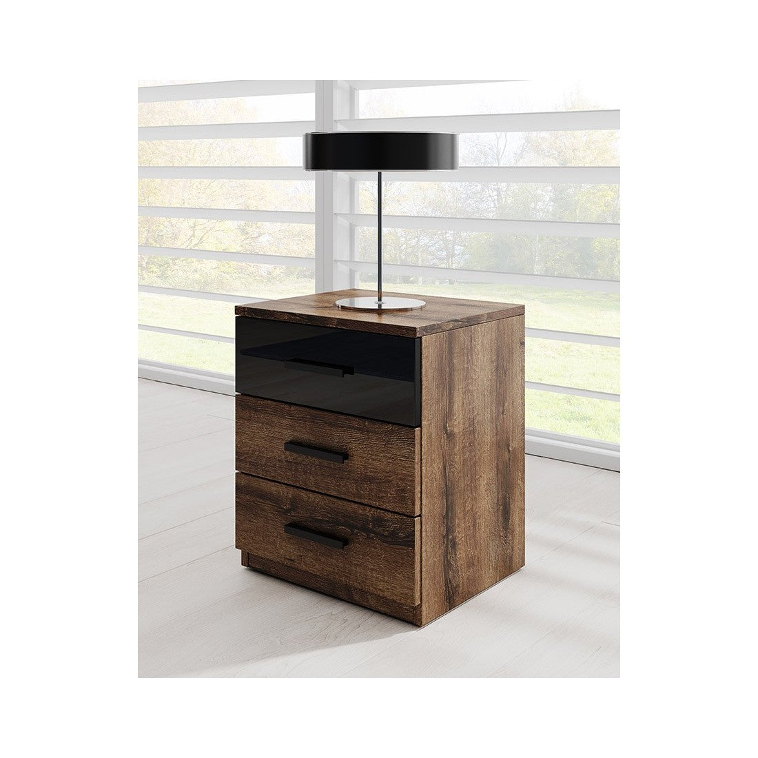 Comodino a tre cassetti, collezione FLOYD. Colori rovere scuro e nero lucido.