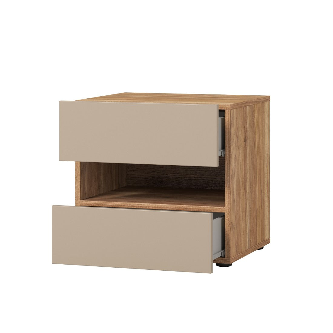 Comodino VOX con 2 cassetti e uno scomparto, colore quercia e beige