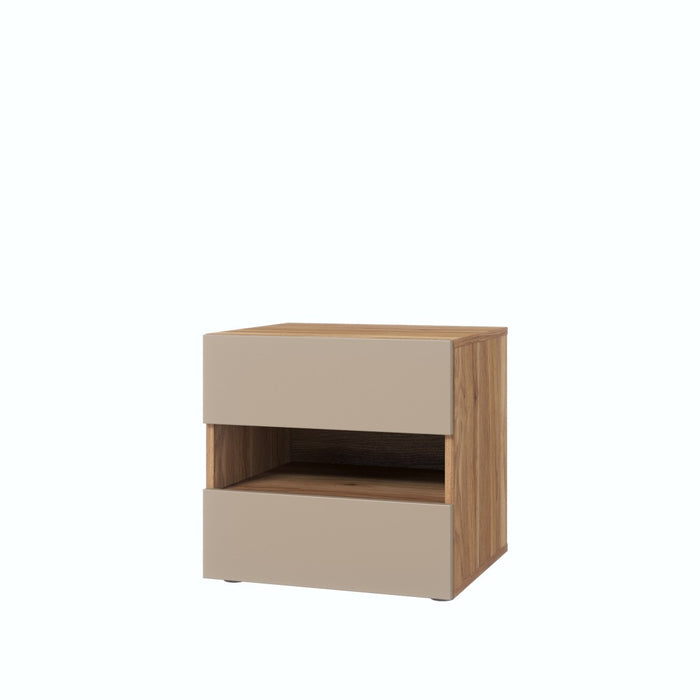Comodino VOX con 2 cassetti e uno scomparto, colore quercia e beige