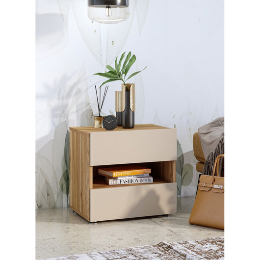 Comodino VOX con 2 cassetti e uno scomparto, colore quercia e beige