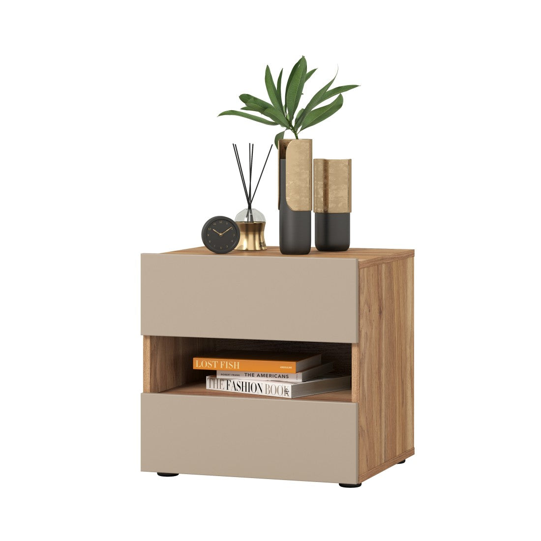 Comodino VOX con 2 cassetti e uno scomparto, colore quercia e beige