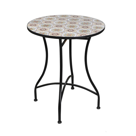 Tavolo da giardino rotondo bistrot collezione PORTO – Mosaico decorativo – Metallo nero – Ø60xH71 cm