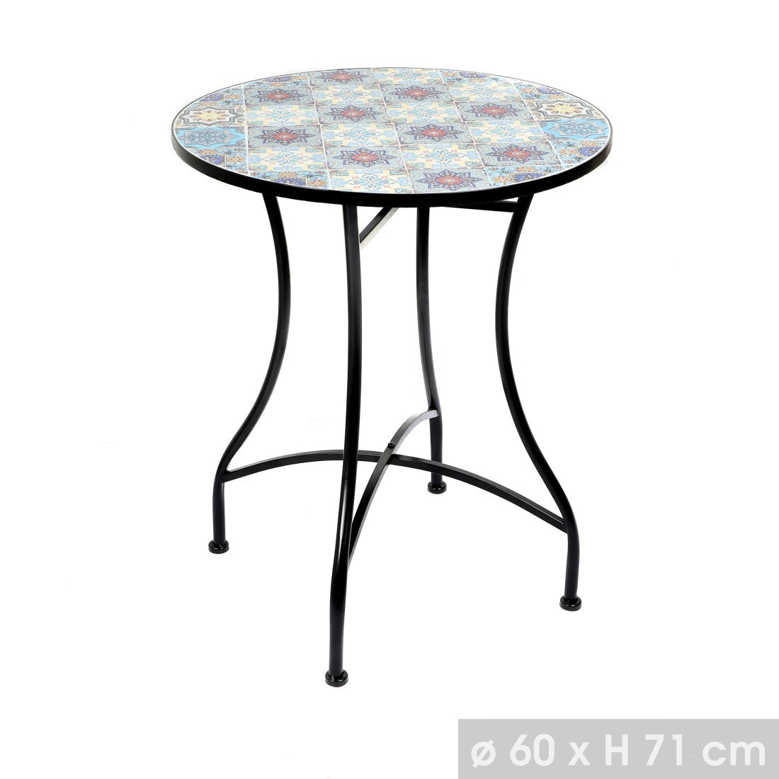 Tavolo da giardino rotondo bistrot collezione PORTO – Mosaico decorativo – Metallo nero – Ø60xH71 cm