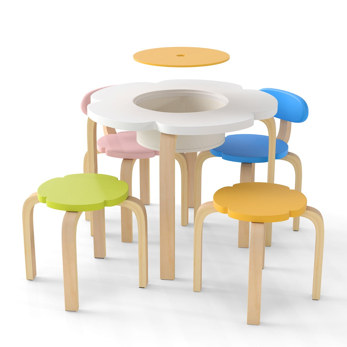 Set tavolo per bambini a forma di fiore in legno con 2 sedie e sgabelli, Tavolo attivit¨¤ per bambini per arte e mestier Colorati-Tavoli e sedie