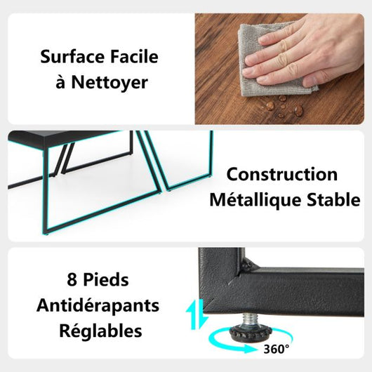 Set di 2 tavolini impilabili con struttura in metallo, tavolini in stile industriale con 8 piedini antiscivolo regolabili nero + marrone 20_0006276