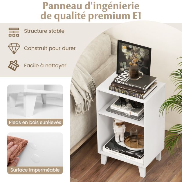 Tavolino a 3 ripiani comodino con ripiani portaoggetti gambe rialzate e struttura stabile tavolino 65 cm stretto bianco 20_0009371