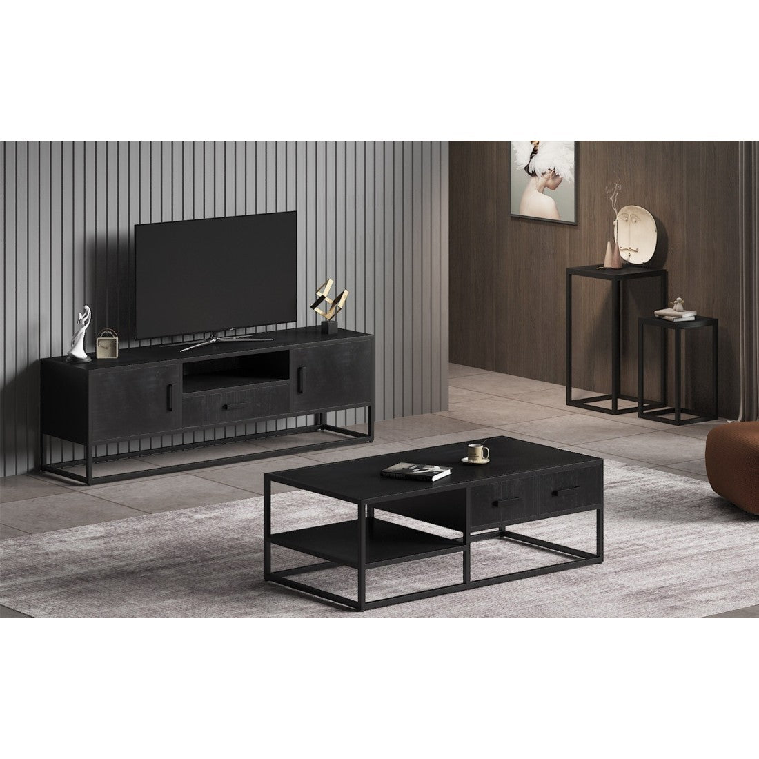 Tavolini da salotto GOA in legno massiccio nero. Mobili in stile industriale.