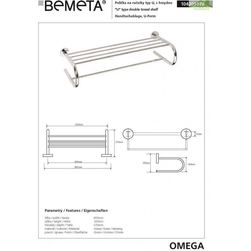 Mensola portasalviette a U OMEGA ottone cromato 65,5x16,5x27cm