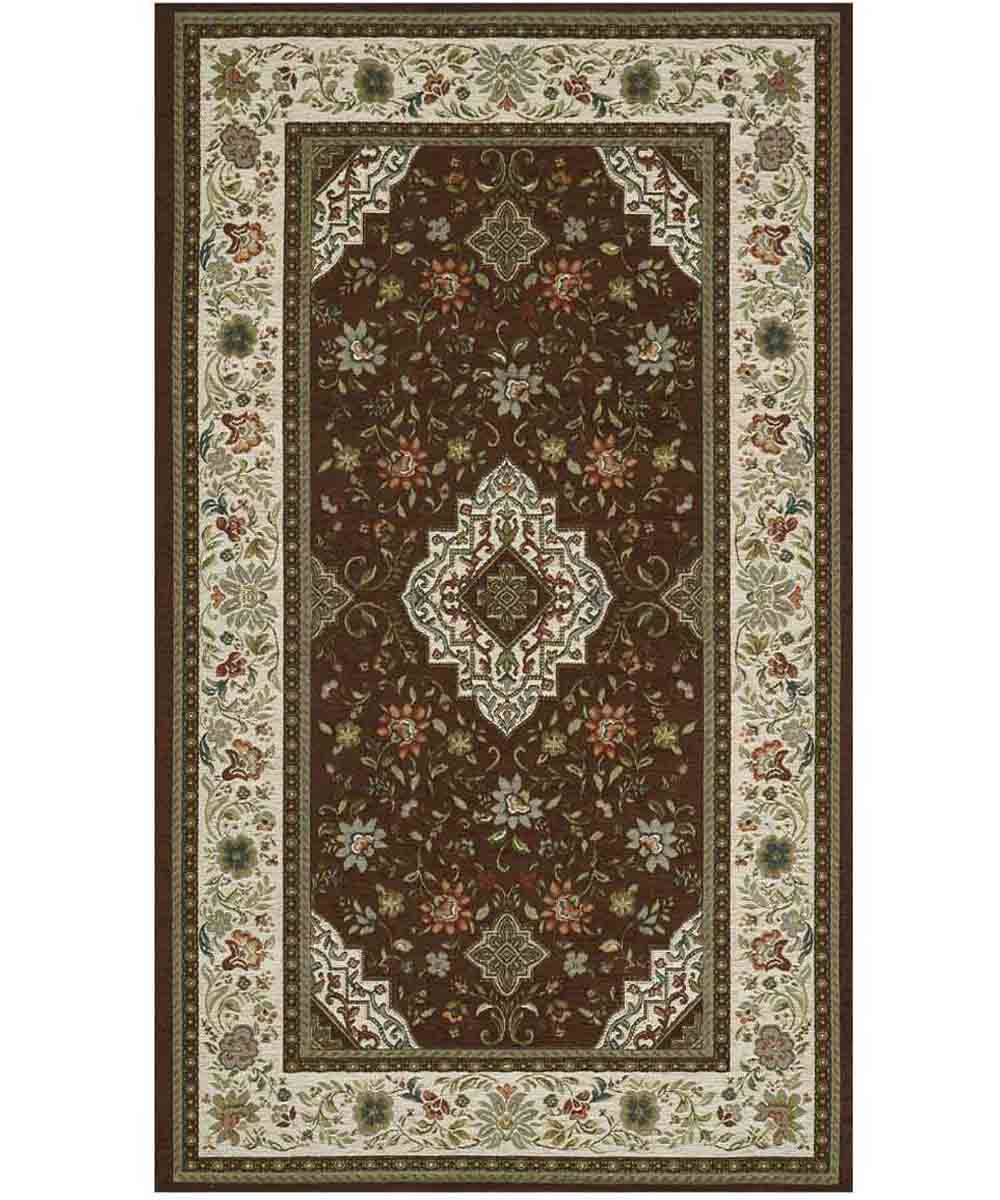 Coppia Tappeti orientali classici TABRIZ MARRONE in ciniglia multiuso lavabili antiscivolo cm.65x110 (Set 2 pezzi)