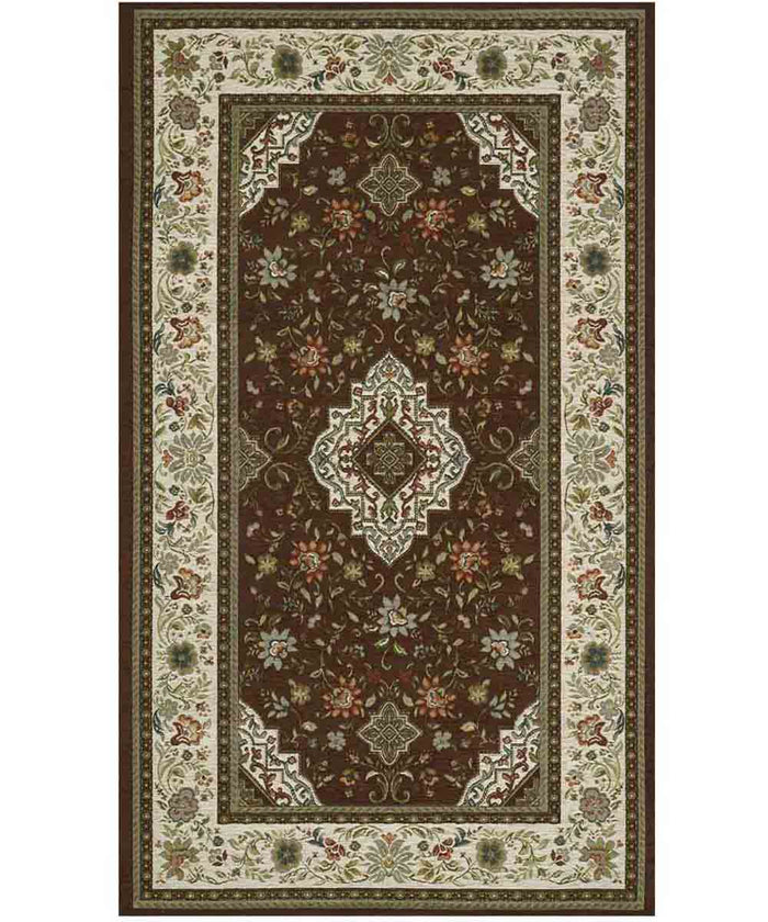 Coppia Tappeti orientali classici TABRIZ MARRONE in ciniglia multiuso lavabili antiscivolo cm.65x110 (Set 2 pezzi)