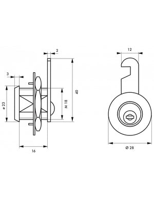 Serratura a camma, nichel, lunghezza 18mm, 2 chiavi - THIRARD