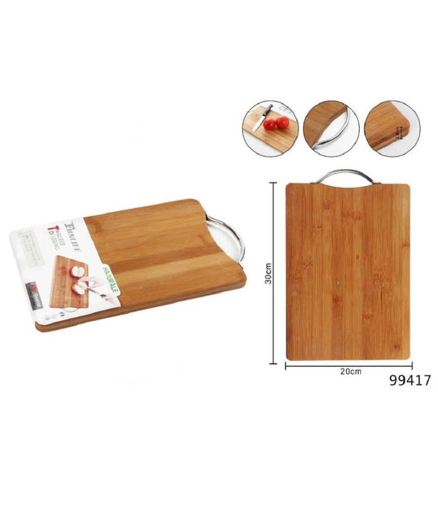 Tagliere In Legno Manico In Acciaio Vassoio Salumi Casa Cucina 30x20x1.8cm 99417         