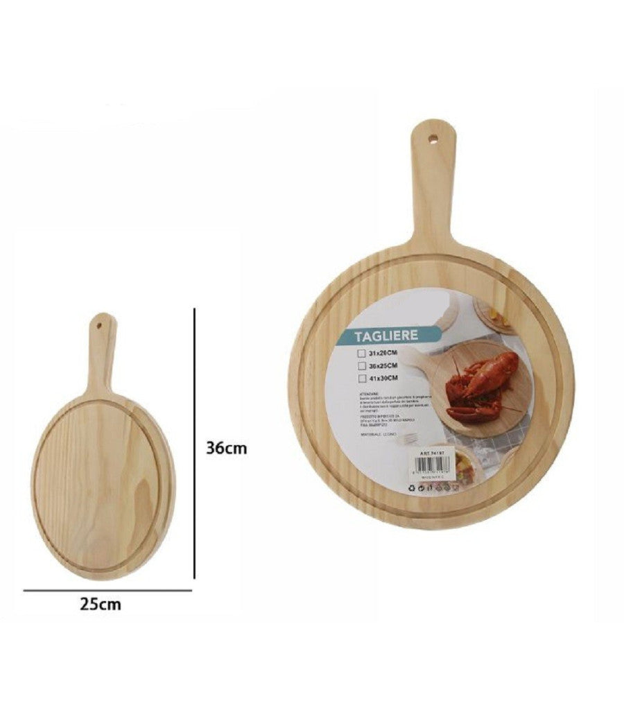 Tagliere Legno Rotondo Affetta Pane Salumi Carne Pizza Con Manico 36x25cm 74197         