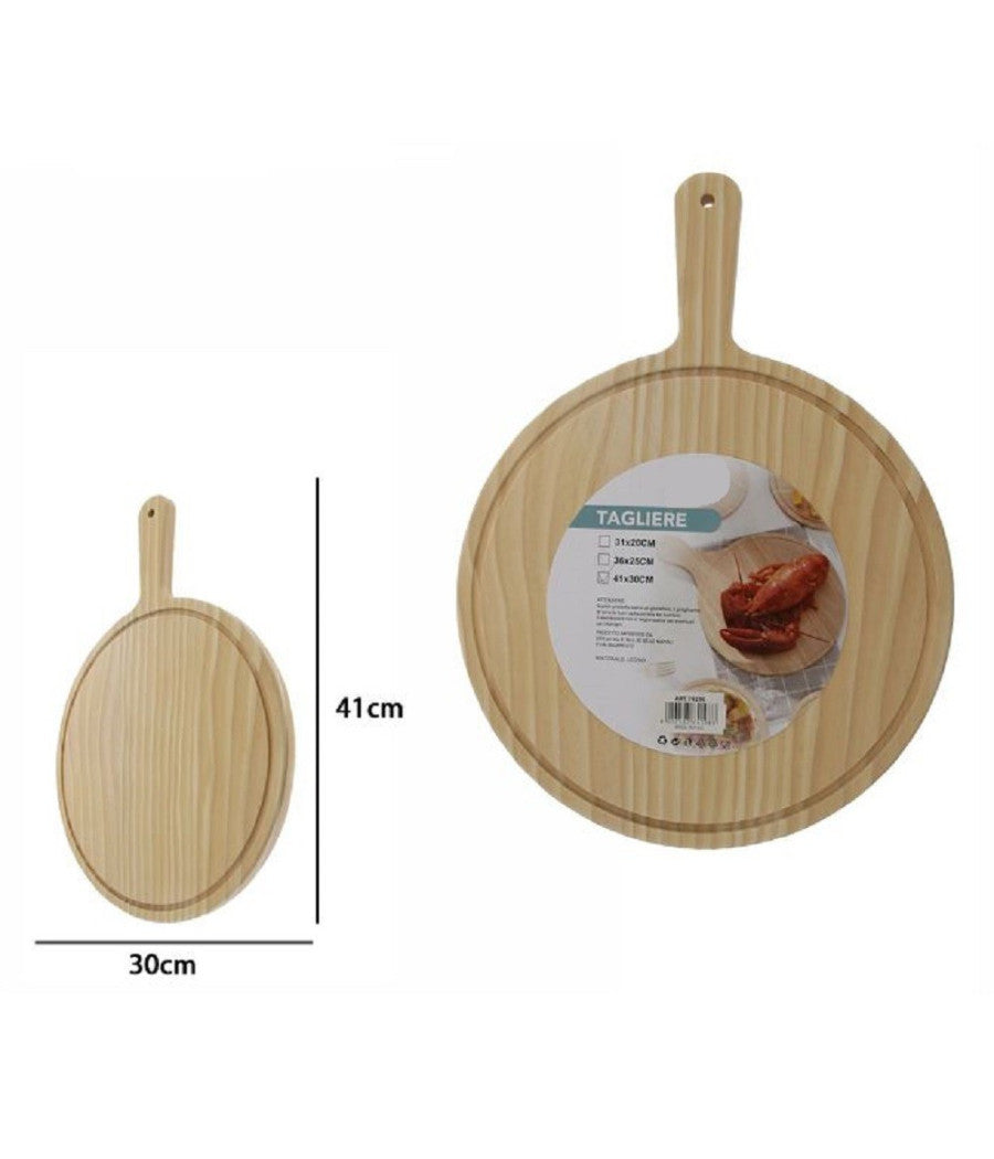 Tagliere Legno Rotondo Affetta Pane Salumi Carne Pizza Con Manico 41x30cm 74198         