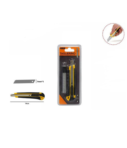 Taglierino Cutter Con Fermo Blocco Guida Lame 9mm Manico Gomma Antiscivolo 71073         