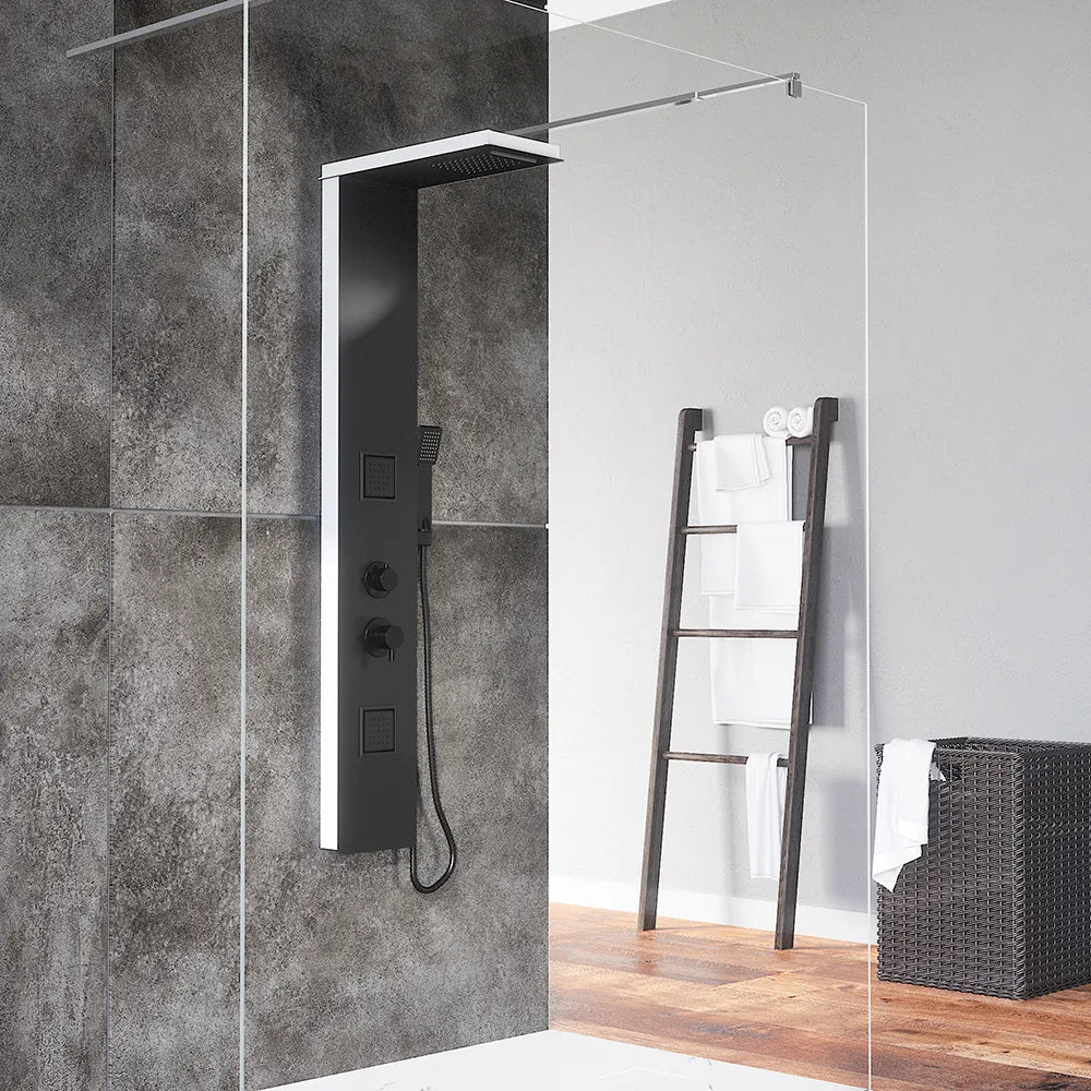 Pannello doccia in alluminio nero e back bianco con doccino, 4 funzioni |  Tago