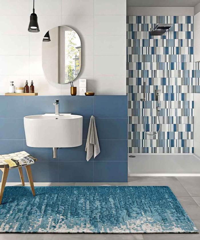 Tappeto TAMIGI BLUE JEANS moderno contemporaneo pixel sfumati, passatoia cucina multiuso lavabile antiscivolo cm.55x140