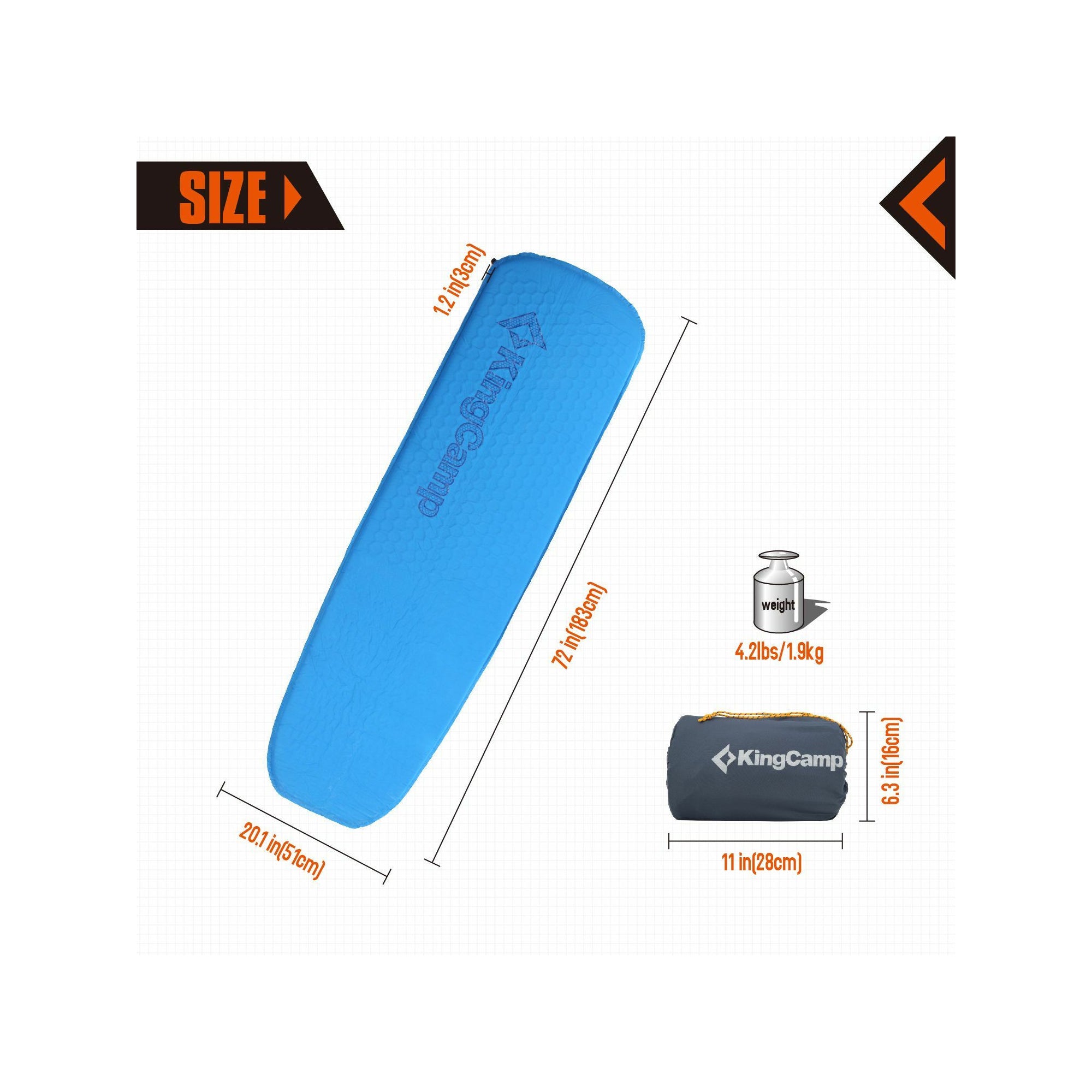 Tappeto da campeggio autogonfiante - Kingcamp - Blu - 183 x 51 cm