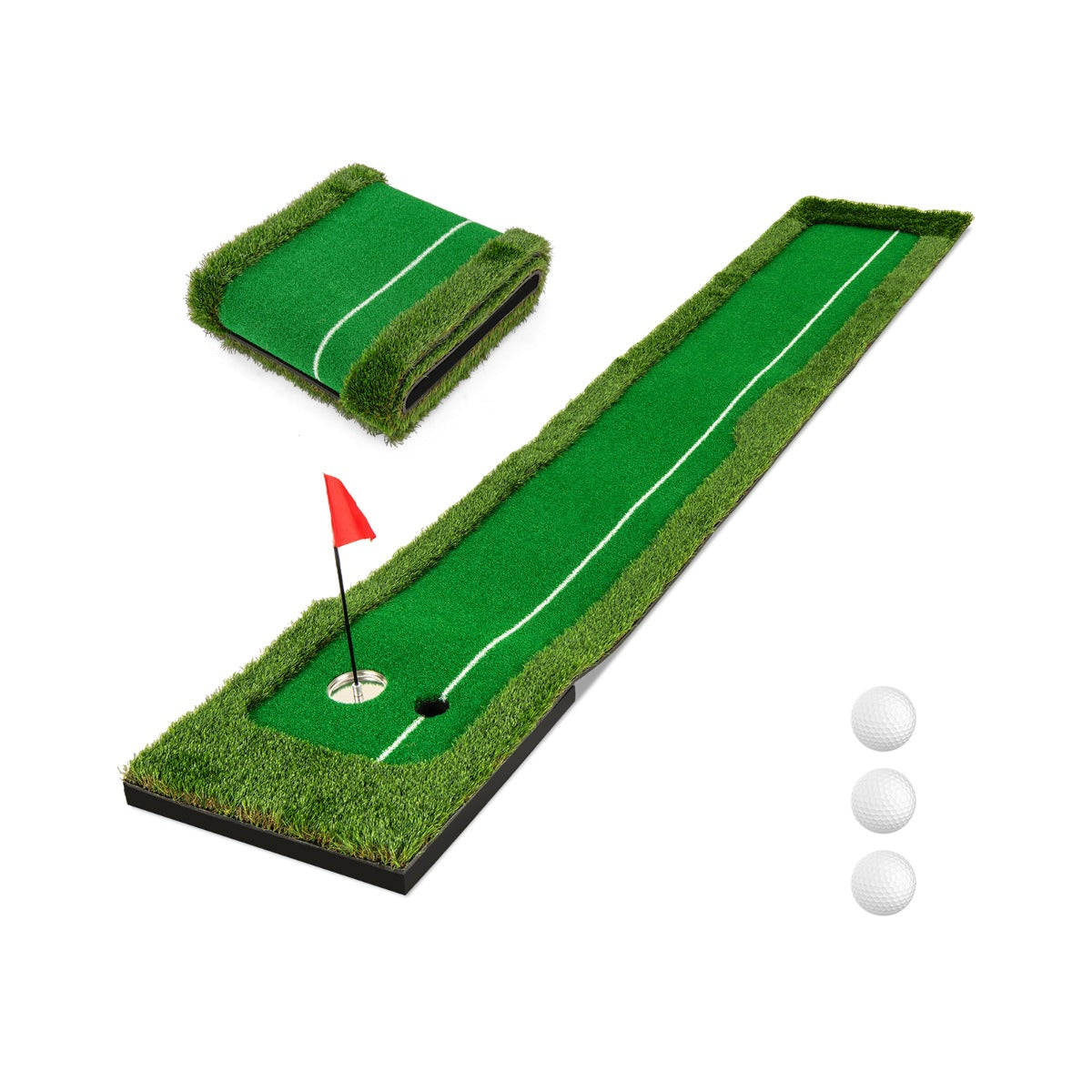 Tappetino da golf 300 x 50 cm con doppio foro e ausilio per l'allineamento in erba sintetica verde 20_0014254