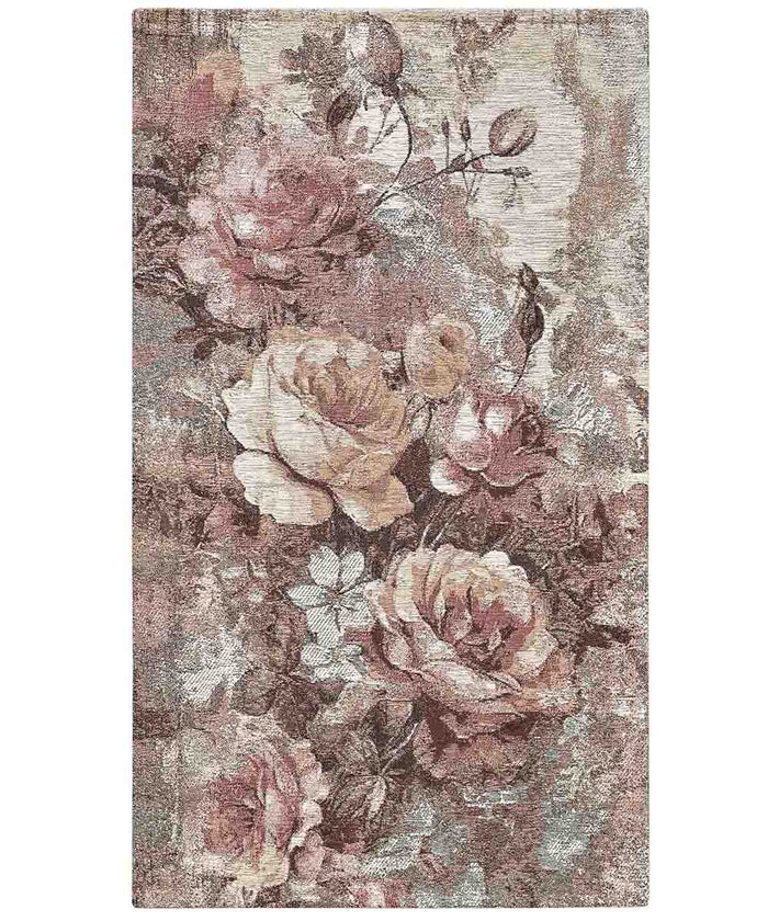 Tappeti Arredo ROSE CIPRIA salotto soggiorno camera, disegno floreale giardino fiorito, multiuso lavabile antiscivolo cm.65x110 (Coppia)