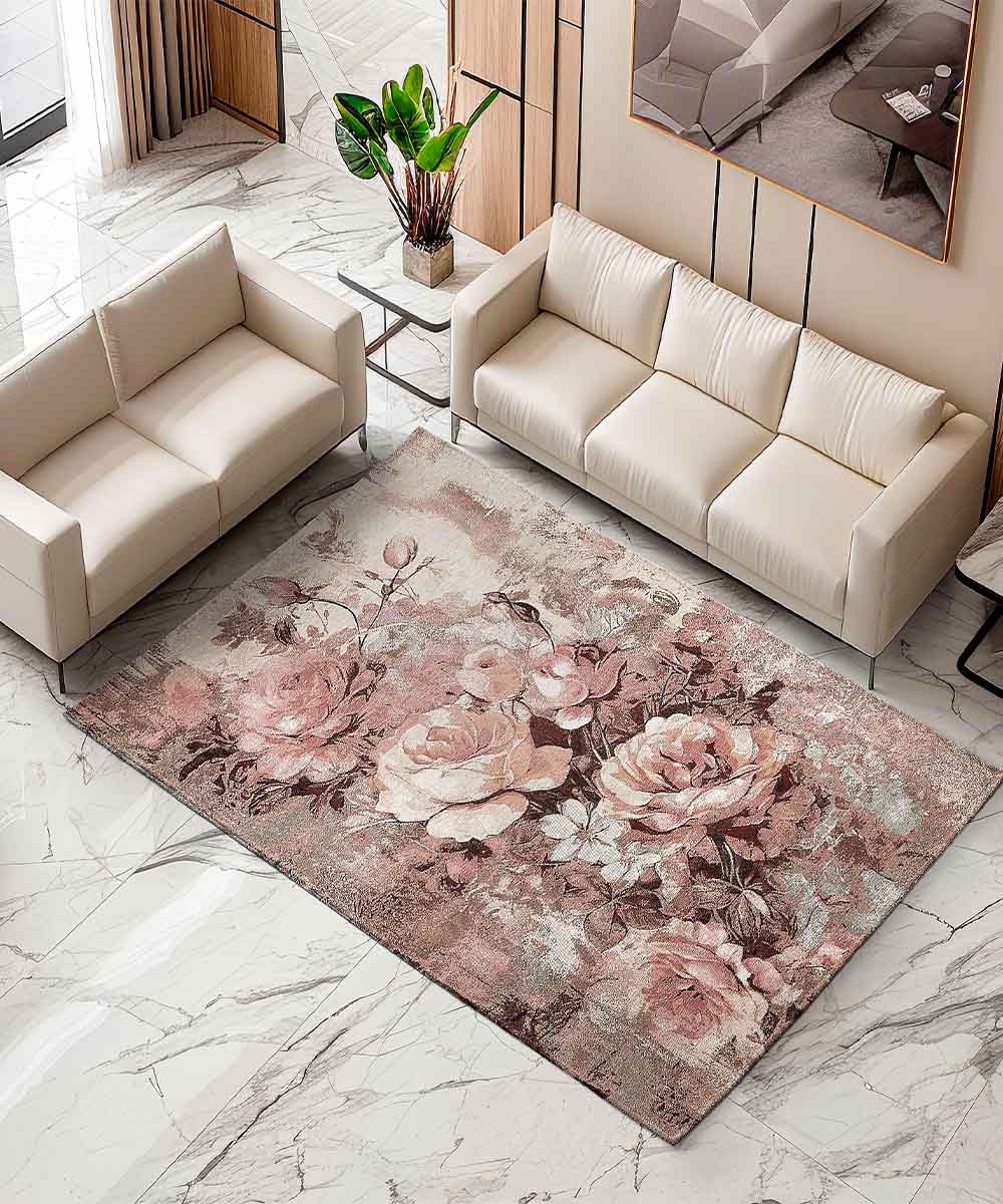 Tappeti Arredo ROSE CIPRIA salotto soggiorno camera, disegno floreale giardino fiorito, multiuso lavabile antiscivolo cm.65x110 (Coppia)