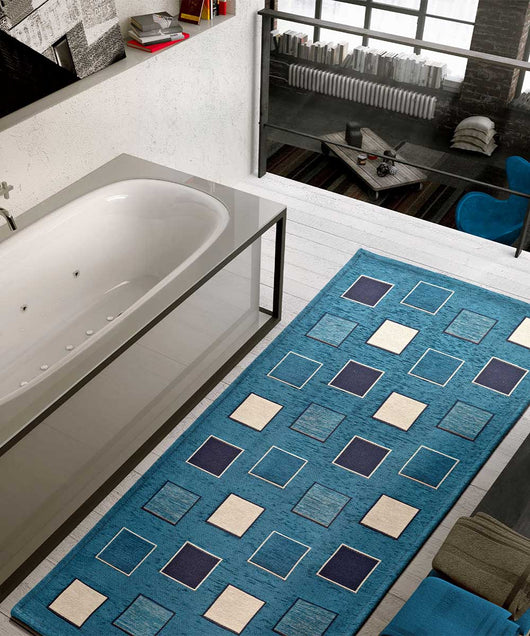 Tappeto moderno SQUARE BLU JEANS geometrico a quadri, tappetino bagno multiuso lavabile in lavatrice e anti-scivolo cm.55x80