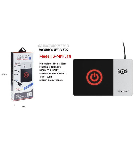 Tappetino Mouse Con Caricabatterie Wireless 10w Mouse Pad Maxtech G-mpad18         