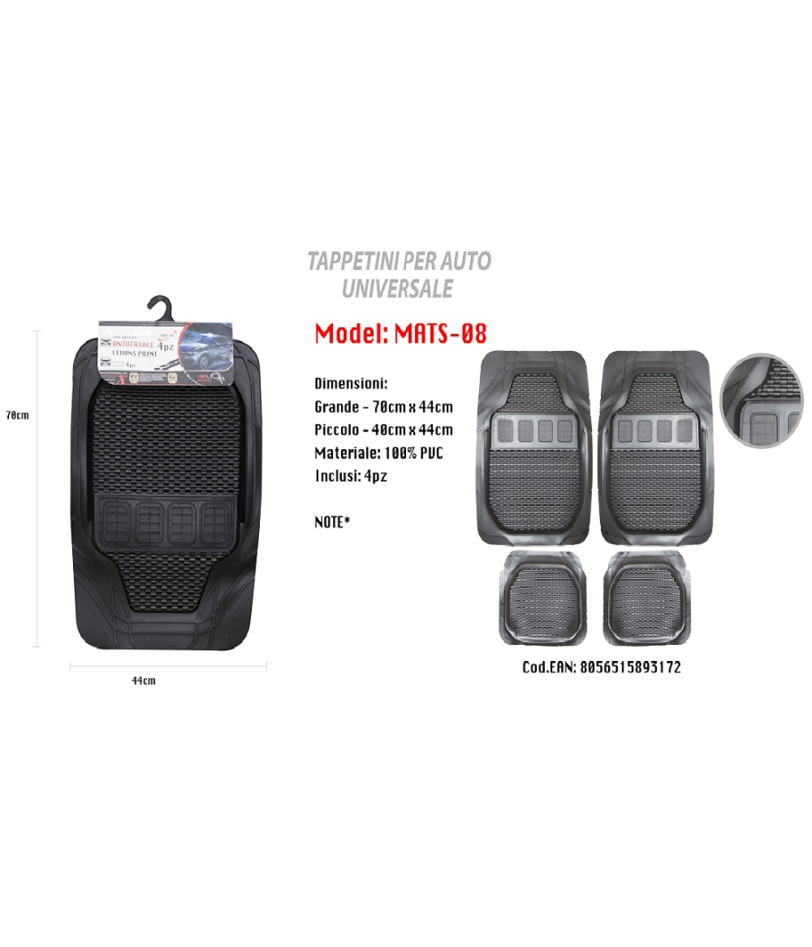 Tappetino Universale Auto 100% Pvc Anteriore Posteriore Tappetini 4pz Maxtech Mats-08         