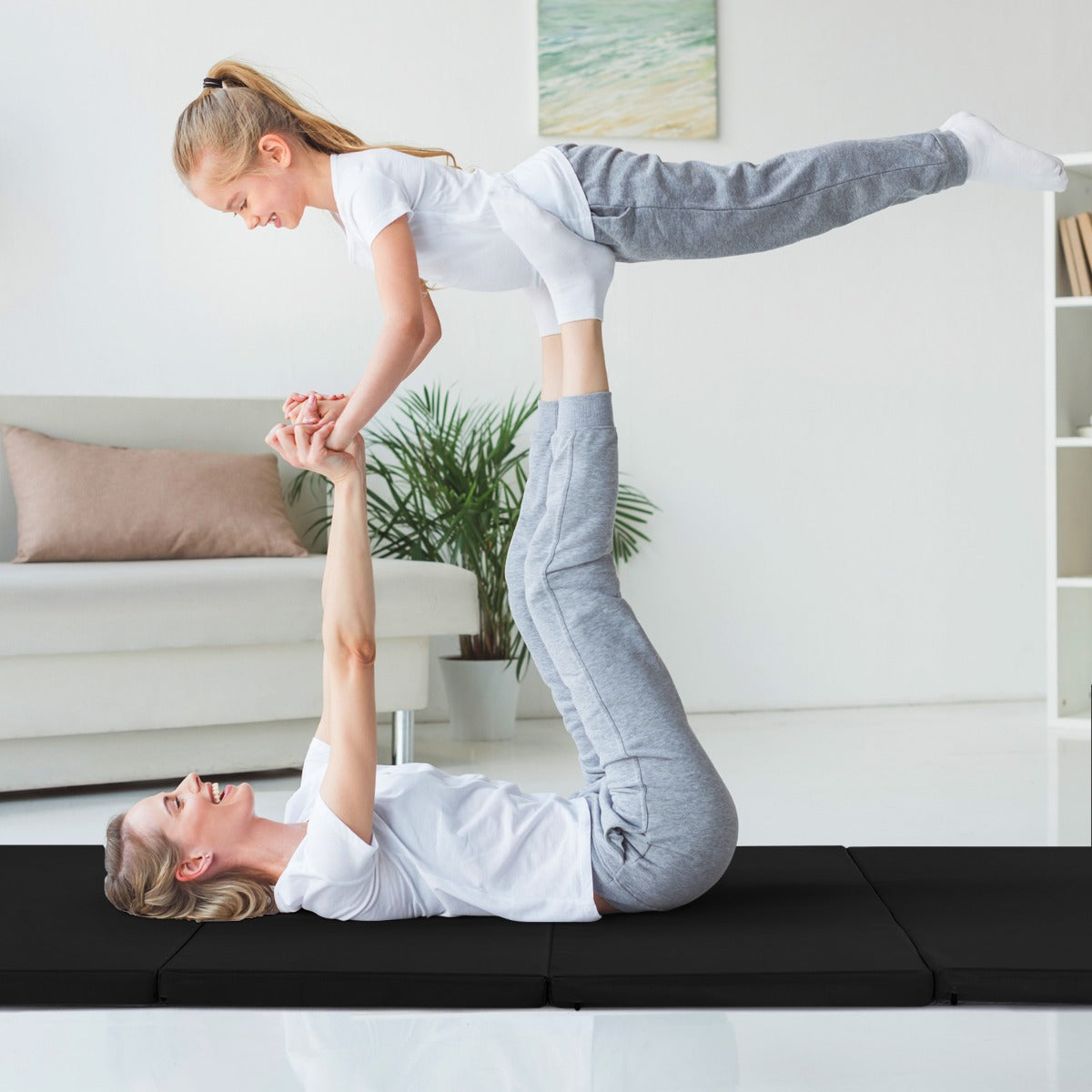 Tappetino da ginnastica con 2 maniglie e 4 pannelli, Materassino pieghevole per yoga fitness allenamento Nero-Tappetini ginnastica e yoga