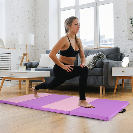Tappetino pieghevole a 4 pannelli con maniglie e chiusure-Tappetino morbido per fitness in casa o in palestra Viola e Rosa