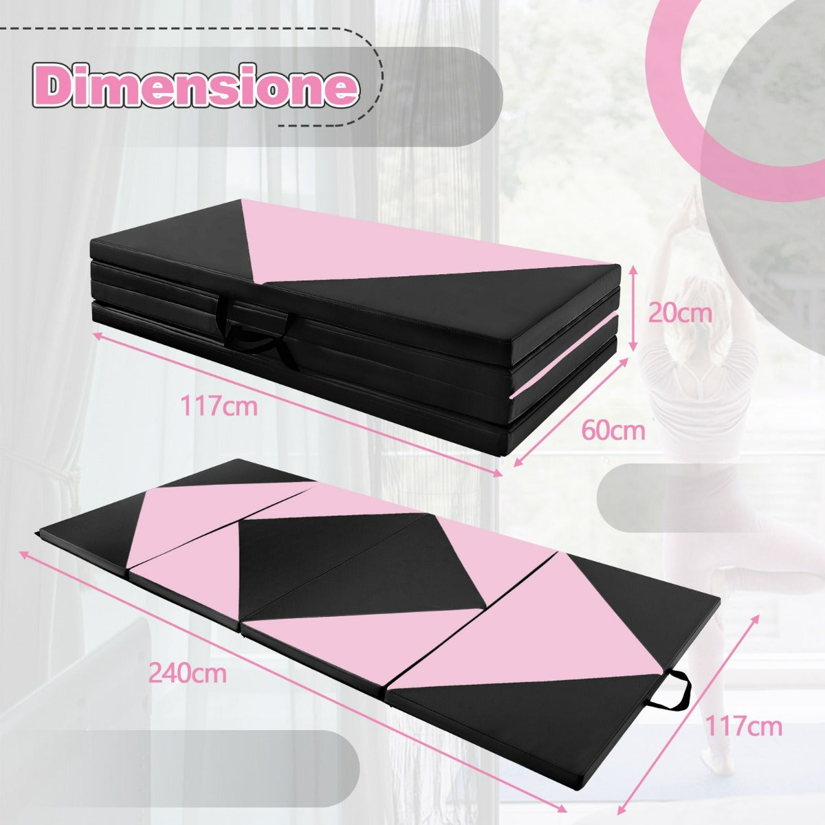 Tappetino ginnastica pieghevole, Tappetino per tumbling in pelle PU con chiusure a strappo 240x117x5cm Rosa e Nero-Tappetini ginnastica e yoga