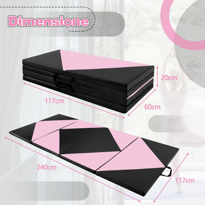 Tappetino ginnastica pieghevole, Tappetino per tumbling in pelle PU con chiusure a strappo 240x117x5cm Rosa e Nero-Tappetini ginnastica e yoga