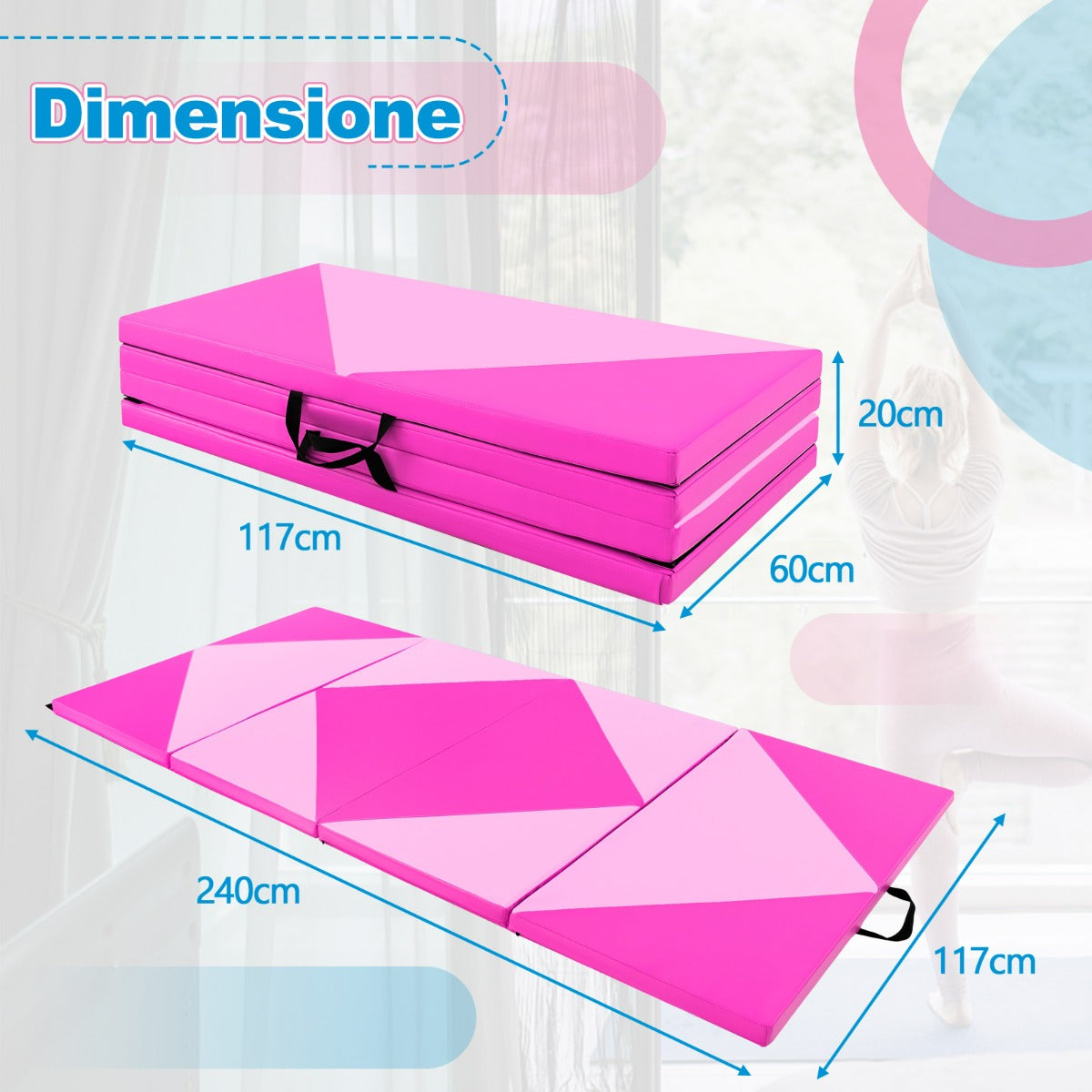 Tappetino ginnastica pieghevole, Tappetino per tumbling in pelle PU con chiusure a strappo 240x117x5cm Rosa chiaro-Tappetini ginnastica e yoga