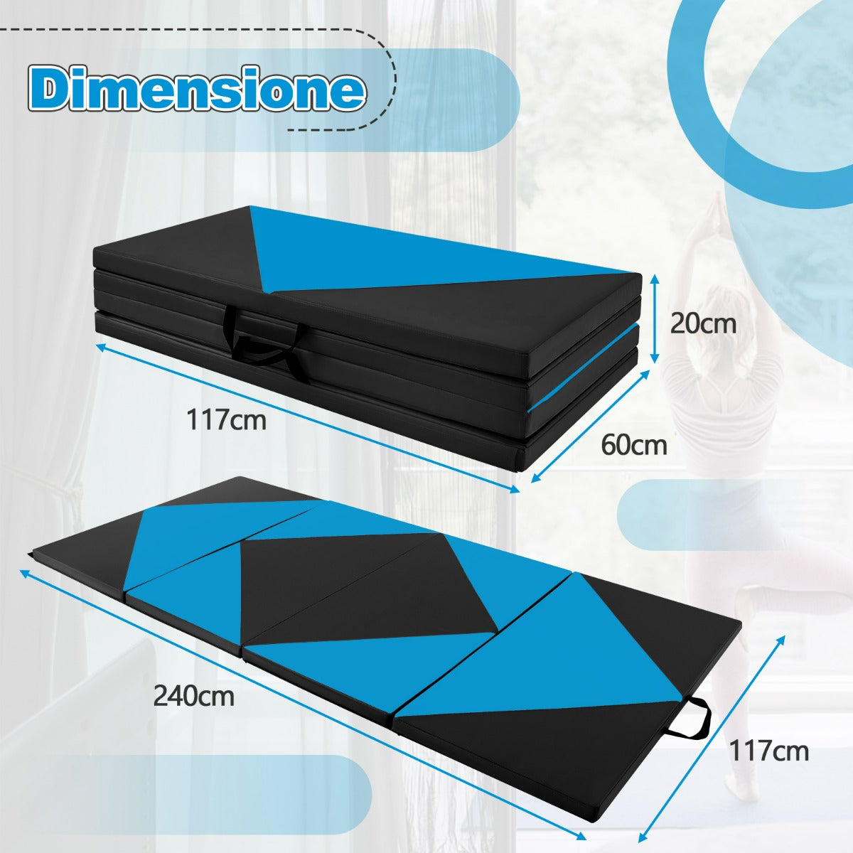 Tappetino ginnastica pieghevole, Tappetino per tumbling in pelle PU con chiusure a strappo 240x117x5cm Blu e Nero-Tappetini ginnastica e yoga