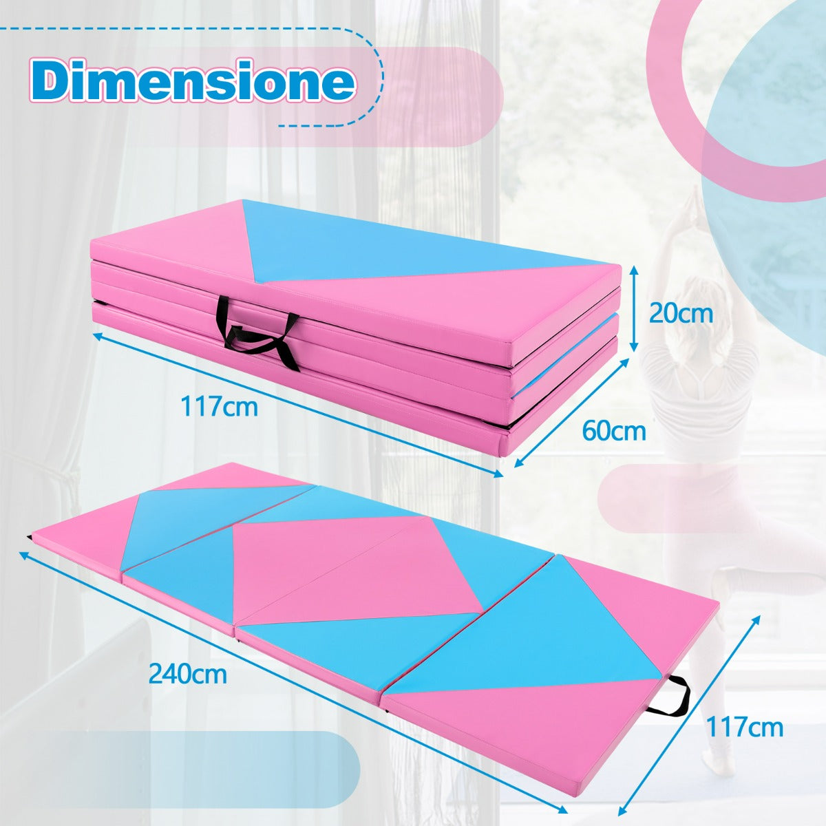 Tappetino ginnastica pieghevole, Tappetino per tumbling in pelle PU con chiusure a strappo 240x117x5cm Rosa e Blu-Tappetini ginnastica e yoga