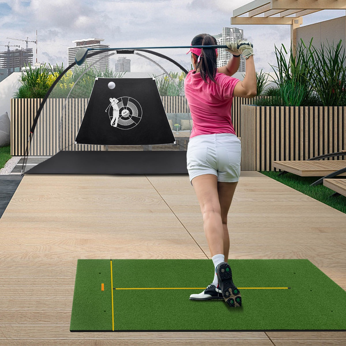 Tappetino golf con 2 punte da golf 2 astine di allineamento fori preforati, Tappetino in erba sintetica 152x92x2,7cm-Golf