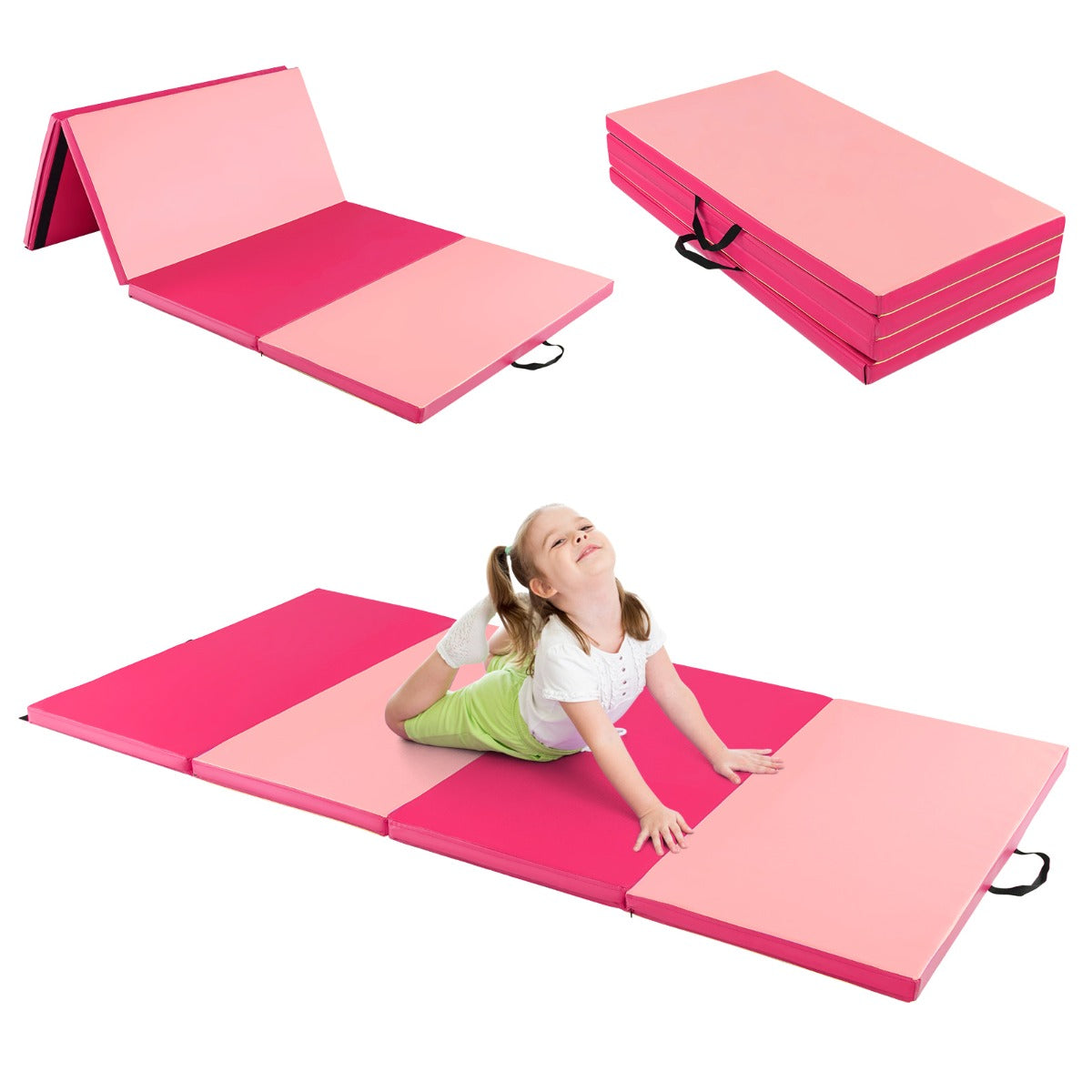 Tappetino da ginnastica con 2 maniglie e 4 pannelli, Materassino pieghevole per yoga fitness allenamento Rosa scuro-Tappetini ginnastica e yoga
