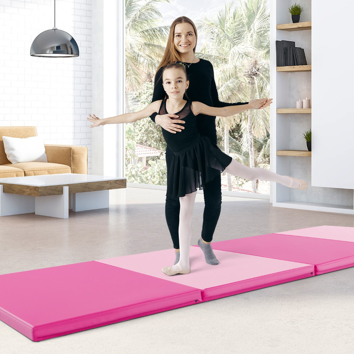 Tappetino per ginnastica pieghevole a 4 pannelli con maniglie chiusure a strappo-Tappetino in ecopelle 300x117cm Rosa-Tappetini ginnastica e yoga