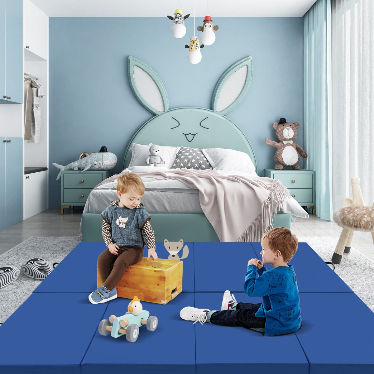 Tappetino per ginnastica pieghevole a 4 pannelli con maniglie chiusure a strappo, Tappetino in ecopelle 300x117cm Blu-Tappetini ginnastica e yoga