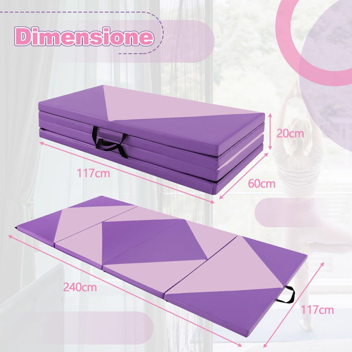 Tappetino per tumbling in pelle PU con chiusure a strappo 240x117x5cm, Tappetino ginnastica pieghevole Rosa e Viola-Tappetini ginnastica e yoga