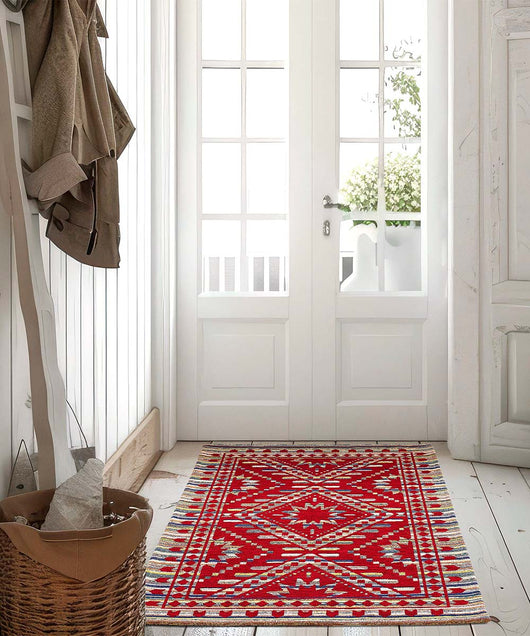 Tappeto passatoia KENYA ROSSO salotto soggiorno camera, disegno kilim etnico africano, multiuso lavabile antiscivolo cm.65x300 corsia