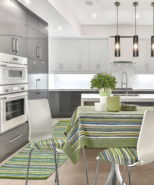 Tappeto passatoia moderno LAOS VERDE disegno a righe multicolore, arredo cucina corridoio multiuso lavabile antiscivolo cm.55x240