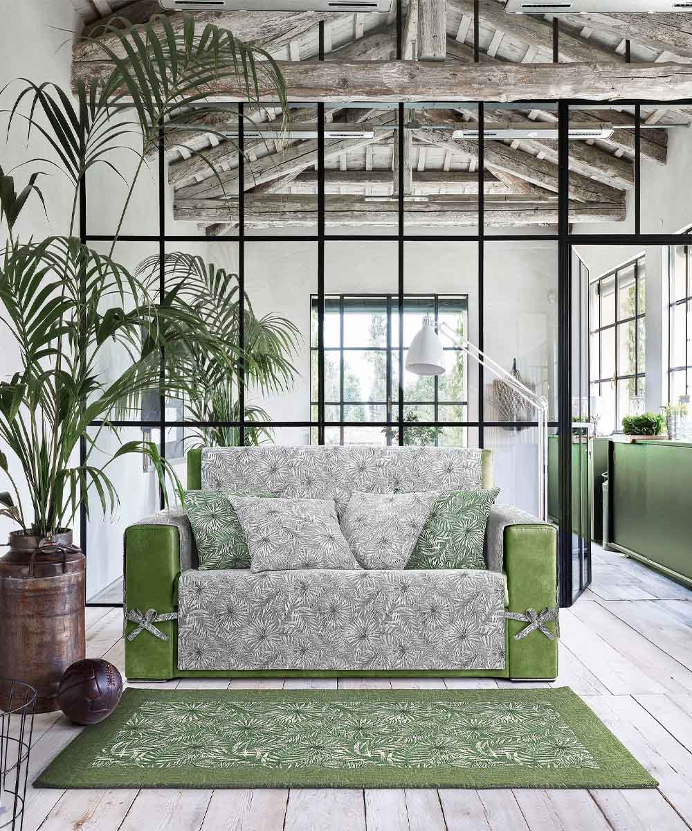 Tappeto passatoia moderno MALESIA VERDE disegno giungla tropicale natura foglie felci, tappetino bagno ingresso multiuso lavabile antiscivolo cm.55x80