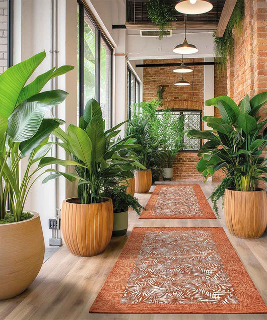 Tappeto passatoia moderno MALESIA TERRACOTTA disegno giungla tropicale natura foglie felci, arredo cucina corridoio multiuso lavabile antiscivolo cm.55x115