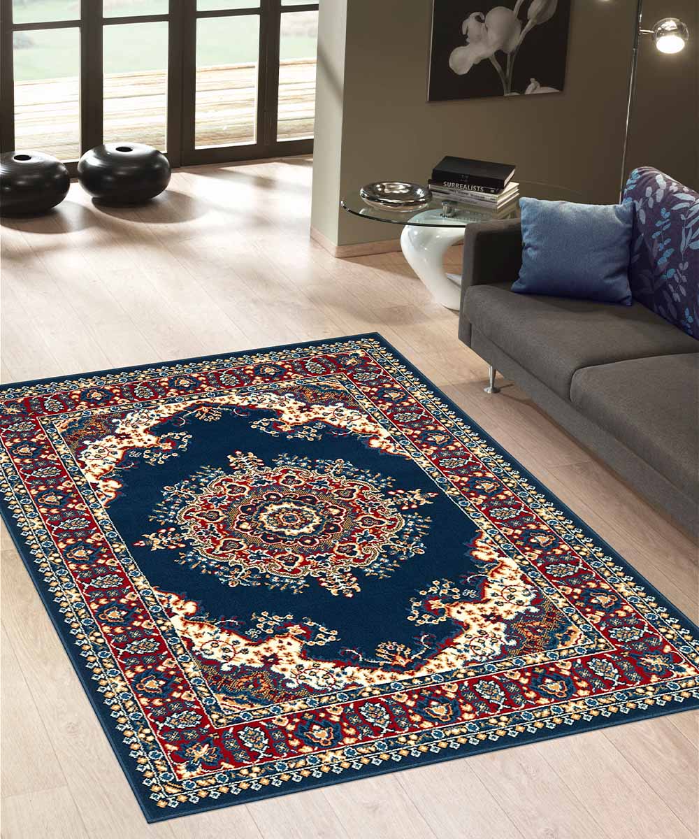 Tappeto P4480 blu cm.280x470 disegno persiano medaglione tradizionale, economico resistente facile da pulire